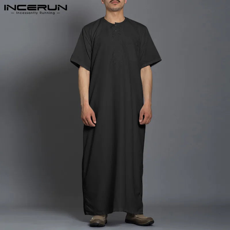 INCERUN 2024 Men Muslim Jubba Thobe Islamic Kaftan Solid Color Fashion Short Sleeve Caftan Middle East Dubai Mens Robes S-5XL