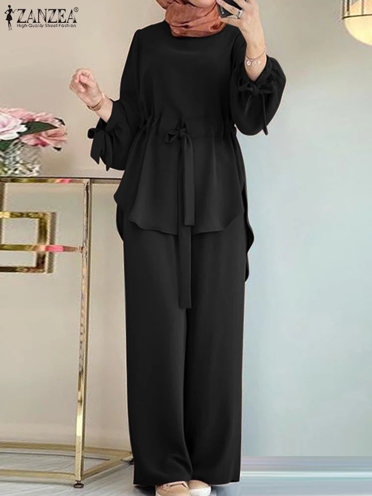 2025 ZANZEA Women Long Sleeve Blouse Pant Suits Fashion Abaya Hijab Tracksuits IsIamic Clothing 2PCS Vintage Autumn Muslim Sets - Aurex