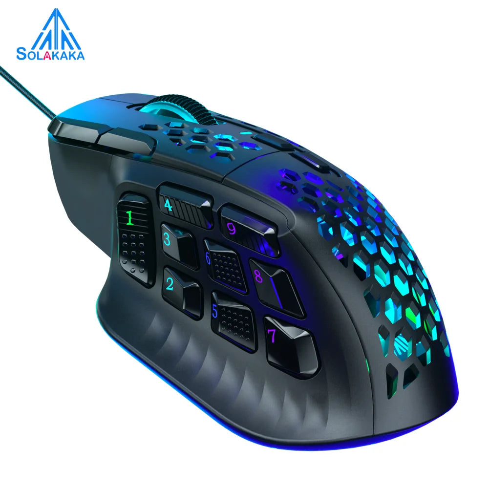 SOLAKAKA SM809 Wired Gaming Mouse Side Buttons 22800 DPI 16 Programmable MMO Macro Esports Mouse Heneycemb Ergonomic RGB Backlit