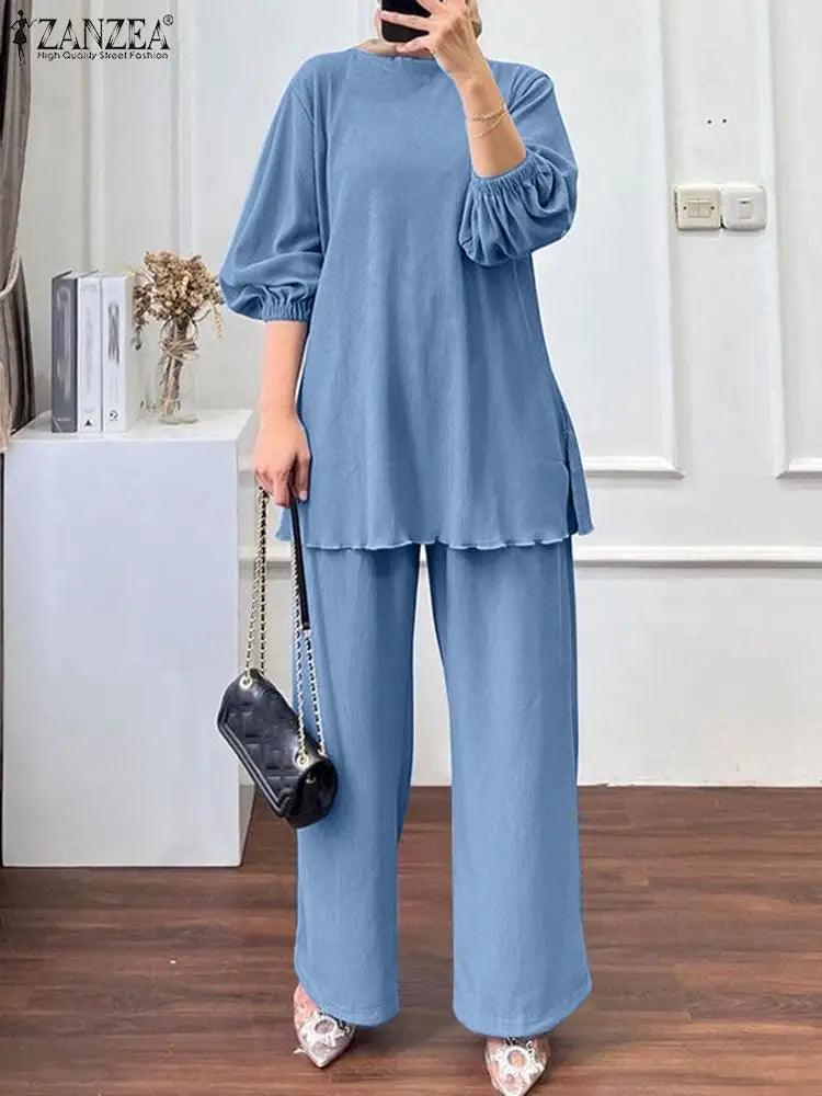 Elegant Muslim Sets ZANZEA Summer Tracksuits Women Long Sleeve Blouse Trousers Suits IsIamic Outfits Fashion Loose Matching Sets - Aurex