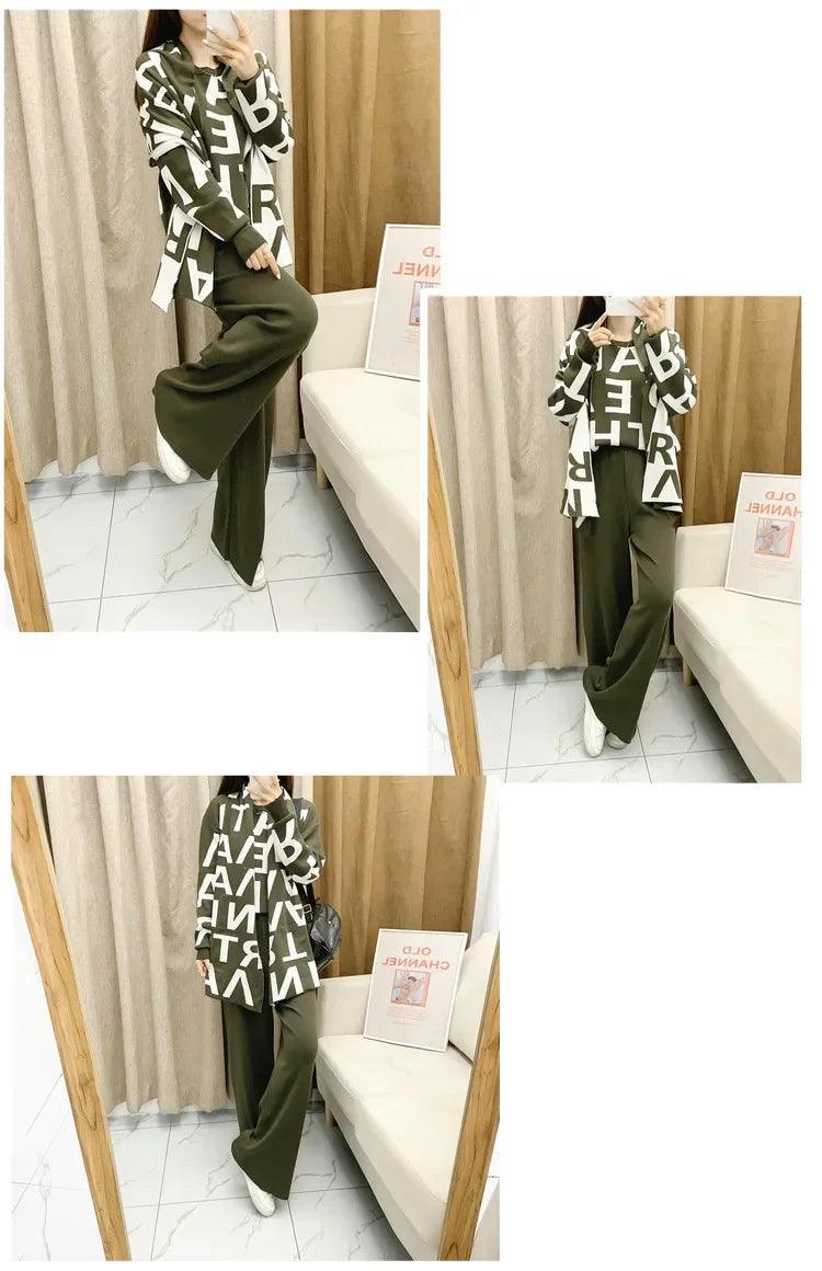 Women Knitting Three Piece Set Letter Print Pullover Sweater Scarf Wide Leg Pants Suit Morocco Ensemble Muslim Knit Tracksuit - Aurex