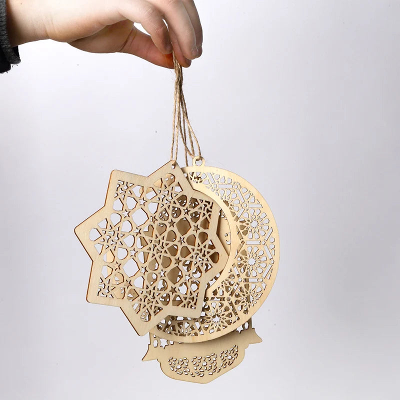 3Pcs/set Eid Mubarak Wooden Hollow-Out Moon Hanging Ornaments DIY 2025 Islamic Muslin Ramadan Kareem Home Party Decorations