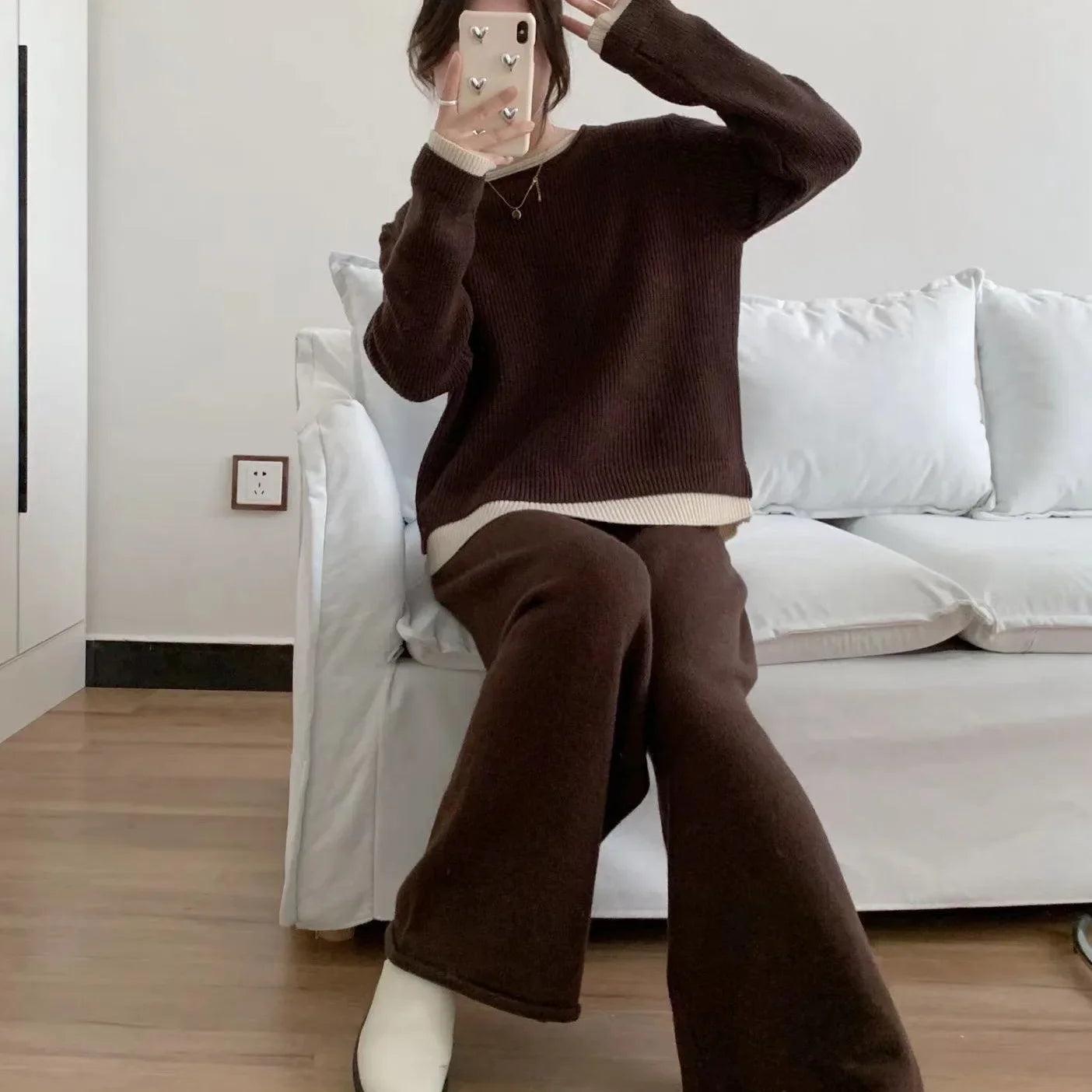 Knitted Two-Piece Pullover Sweater & Wide-Leg Pants Set – Modest Casual Knitwear Tracksuit - Aurex