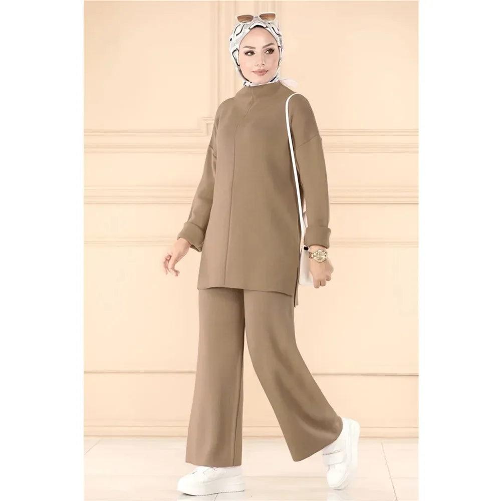 Elegant Casual Autumn Winter Knitted 2 Piece Set Womens Outfits Matching Muslim Set Wide Leg Pants Suit Tracksuit Ramadan Arabic - Aurex