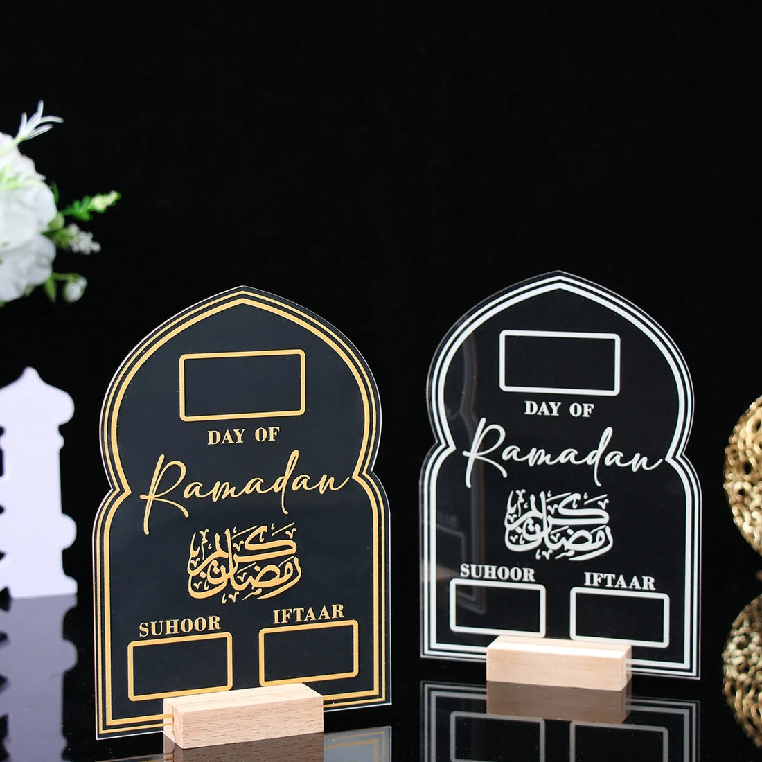 1pc Acrylic Ramadan Calendar Board Wooden Base Mubarak Eid Advent Day Table Ornament Suhoor Iftaar Countdown Gift with Pen