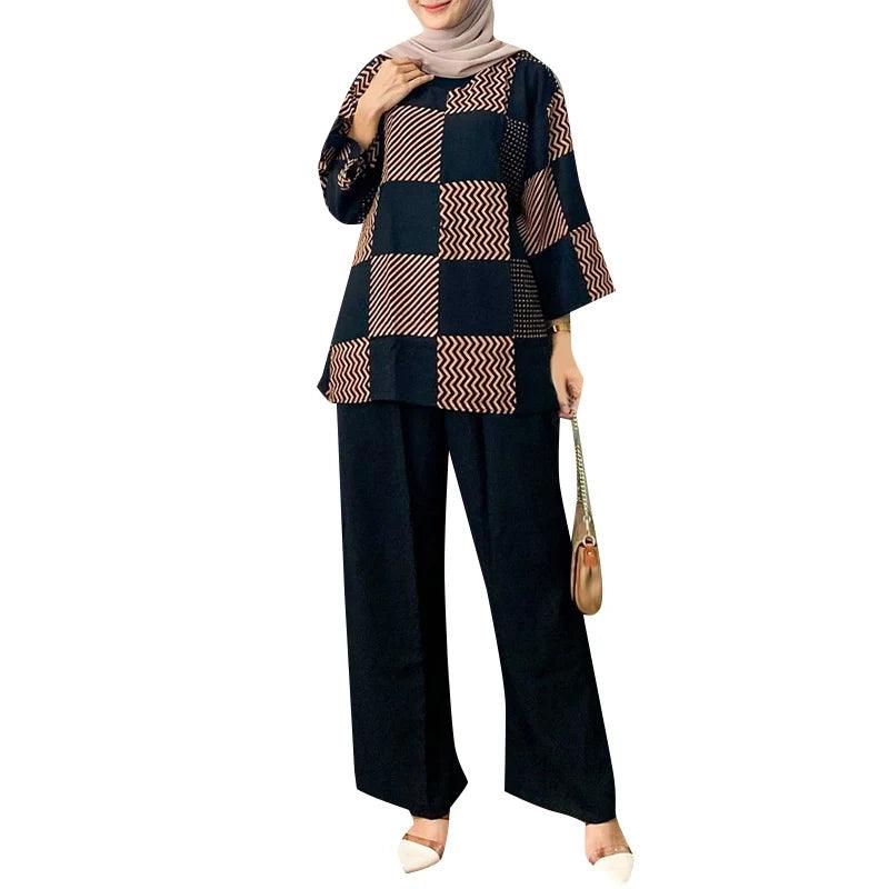 2pcs Women Muslim Matching Sets Long Sleeve Printed Blouse Wide Leg Trousers Suit ZANZEA Summer Pant Sets Dubai Hijab Tracksuits - Aurex