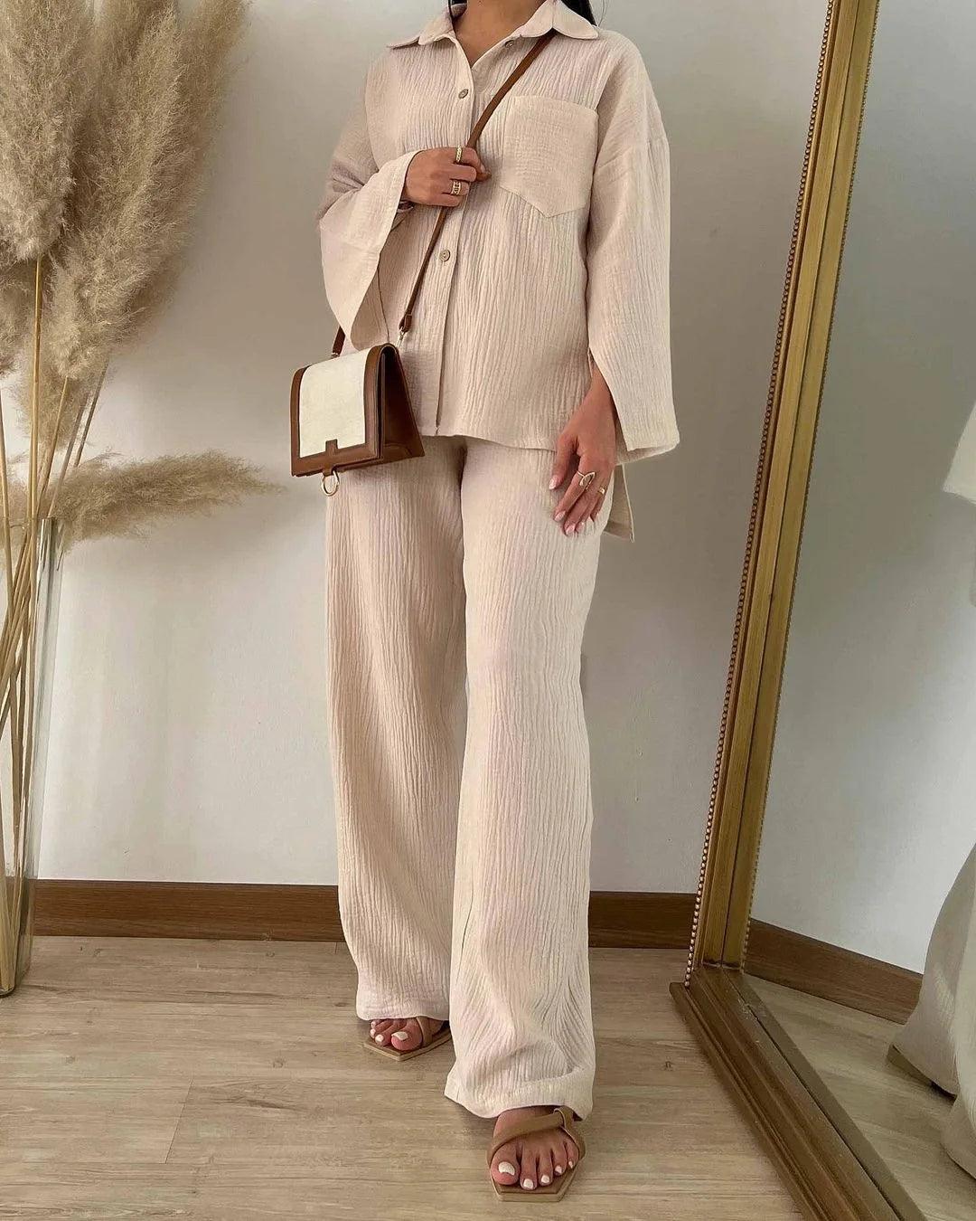 Eid Women Two Piece Set Splice Pocket Shirt Wide Leg Pants Ensemble Dubai Arab Islamic Ramadan Outfit Casual Suits - Aurex