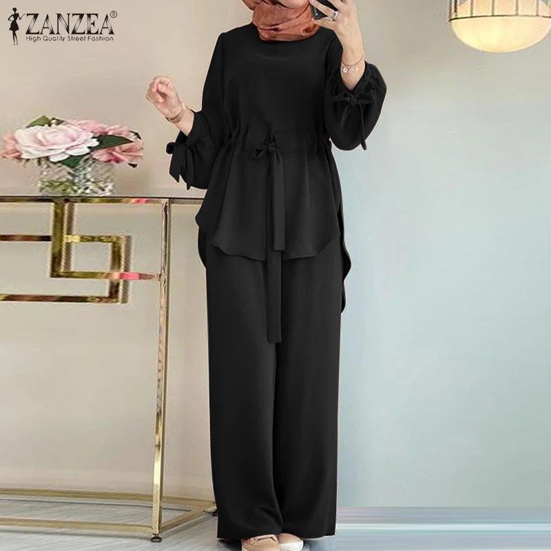 Muslim Women Matching Sets Long Sleeve Solid Color Tops And Loose Pant Suits Elegant Fashion Casual Tracksuit Kaftan - Aurex