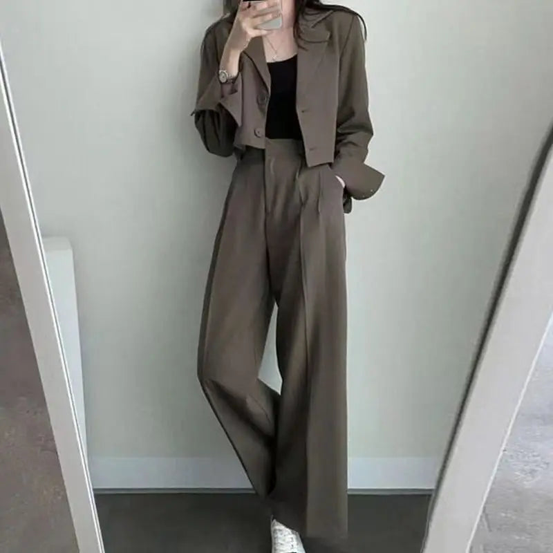 Spring Korean Casual Elegant Suits Blazer Jacket Wide Leg Trousers High Waist Pants Suits Female 2 Piece Sets Crop Top Coats - Aurex