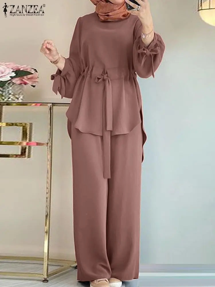 2025 ZANZEA Women Long Sleeve Blouse Pant Suits Fashion Abaya Hijab Tracksuits IsIamic Clothing 2PCS Vintage Autumn Muslim Sets - Aurex