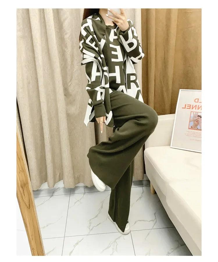 Women Knitting Three Piece Set Letter Print Pullover Sweater Scarf Wide Leg Pants Suit Morocco Ensemble Muslim Knit Tracksuit - Aurex