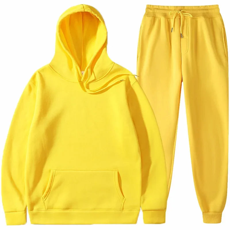 New men's and women's sportswear hoodie casual solid color thick pullover and pants two-piece set autumn and winter jogging suit - Aurex