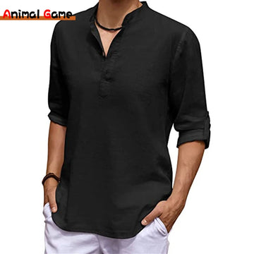 New Men's Linen Long Sleeve V-neck T Shirt Solid Color Oversize Casual Shirt Cotton Shirt Plus Size Yoga Button Shirts for Men