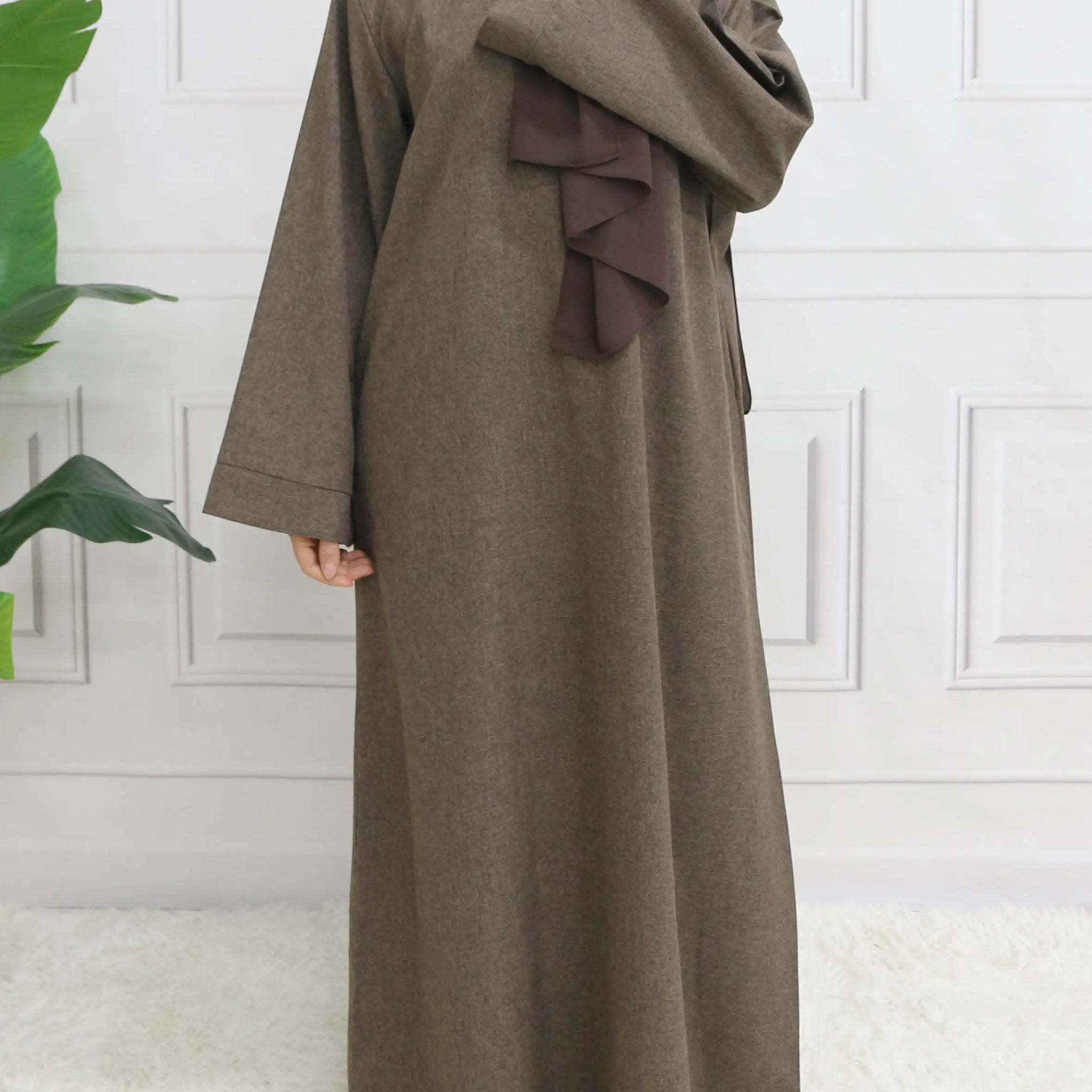 Modest Closed Plain Long Sleeve Abaya Without Hijab With Belt  Basic Islamic Eid Clothes Dress