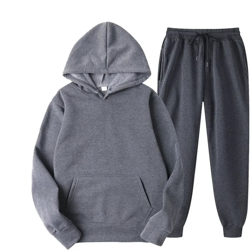 New men's and women's sportswear hoodie casual solid color thick pullover and pants two-piece set autumn and winter jogging suit - Aurex