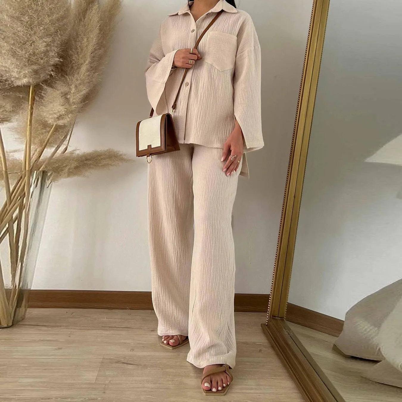 Eid Women Two Piece Set Splice Pocket Shirt Wide Leg Pants Ensemble Dubai Arab Islamic Ramadan Outfit Casual Suits - Aurex