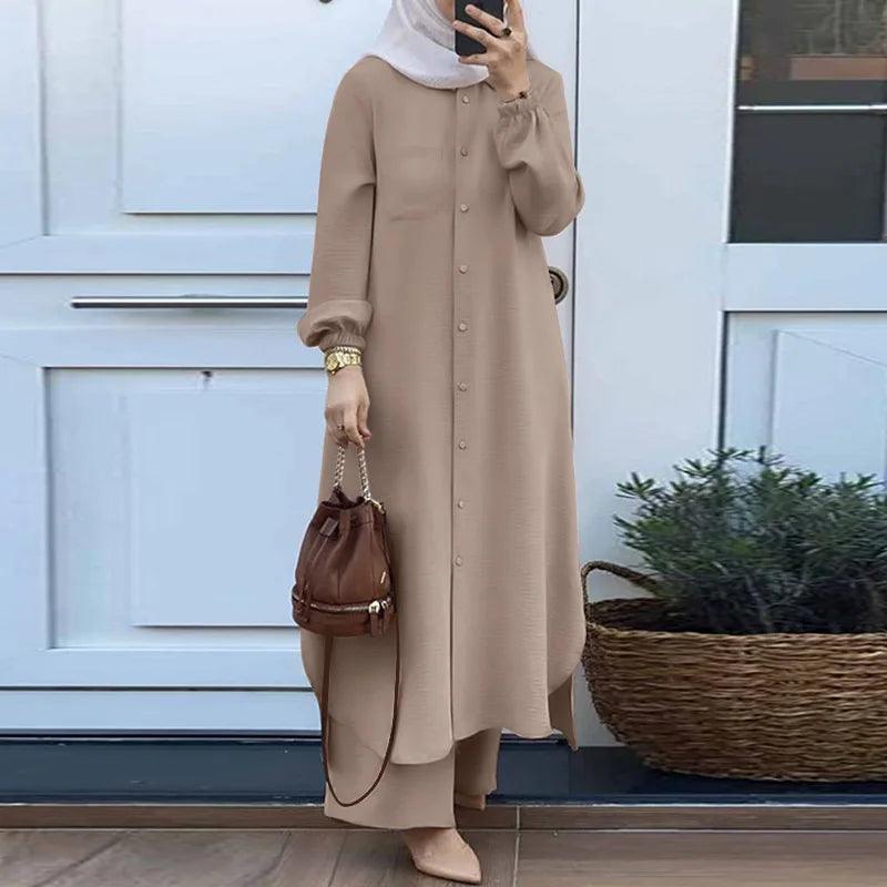 Muslim Wide Leg Trousers Suits for Women, Solid Long Tops and Pant Sets, Islamic Fashion, Urban Tracksuit, Two Piece Sets - Aurex