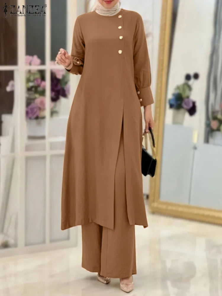 ZANZEA Muslim Abaya Suit Elegant Women Matching Sets Fashion Long Shirt Tops & Wide Leg Pants Ramadan Outfits Urban Tracksuits - Aurex