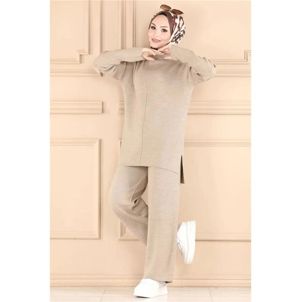 Elegant Casual Autumn Winter Knitted 2 Piece Set Womens Outfits Matching Muslim Set Wide Leg Pants Suit Tracksuit Ramadan Arabic - Aurex