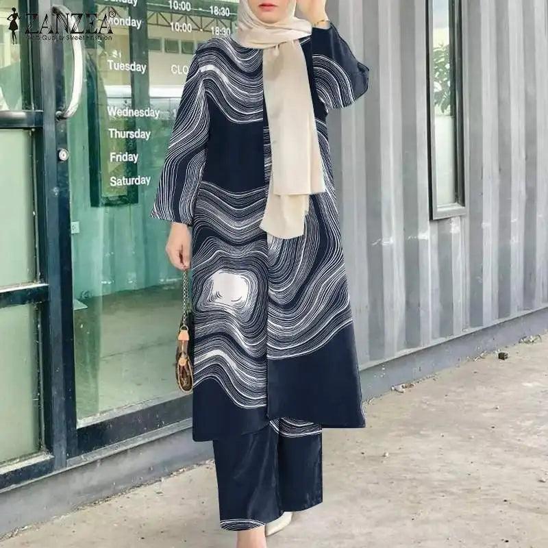 2025 Autumn Tracksuits Fashion Printed Muslim Sets Islamic Outfits ZANZEA Women Long Sleeve Blouse Causal Pants Sets Abaya Suit - Aurex