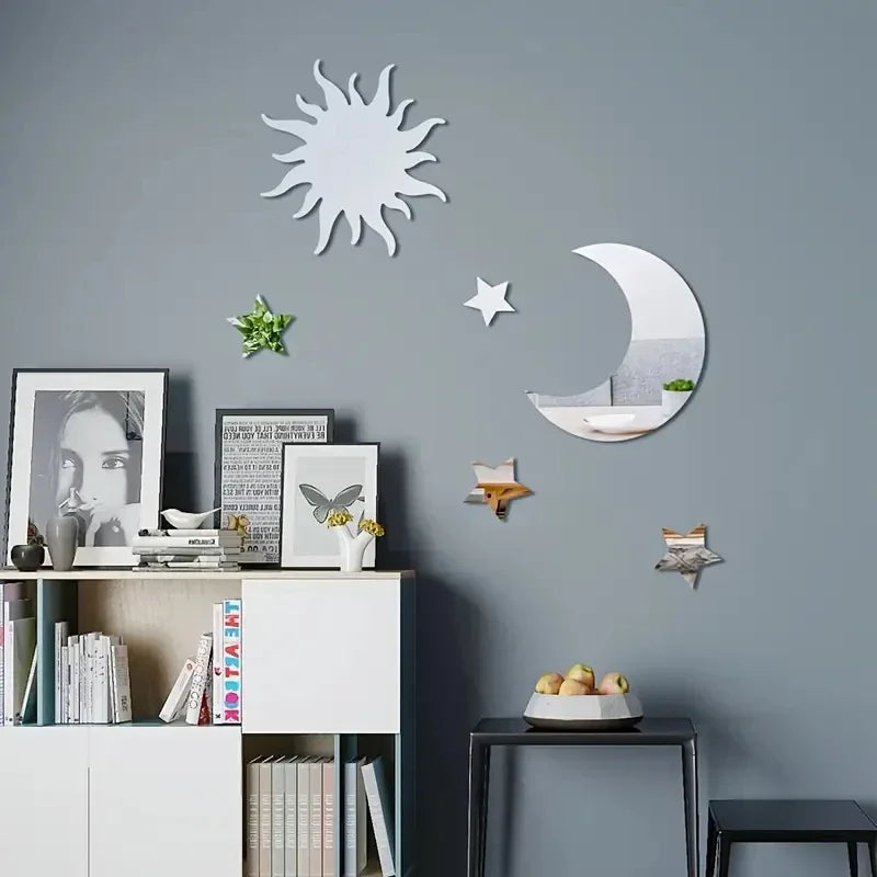 6pcs Star & Moon Combination Mirror Wall Sticker for Bedroom and Living Room - Ramadan Kareem, Holiday, Birthday Party Supplies,