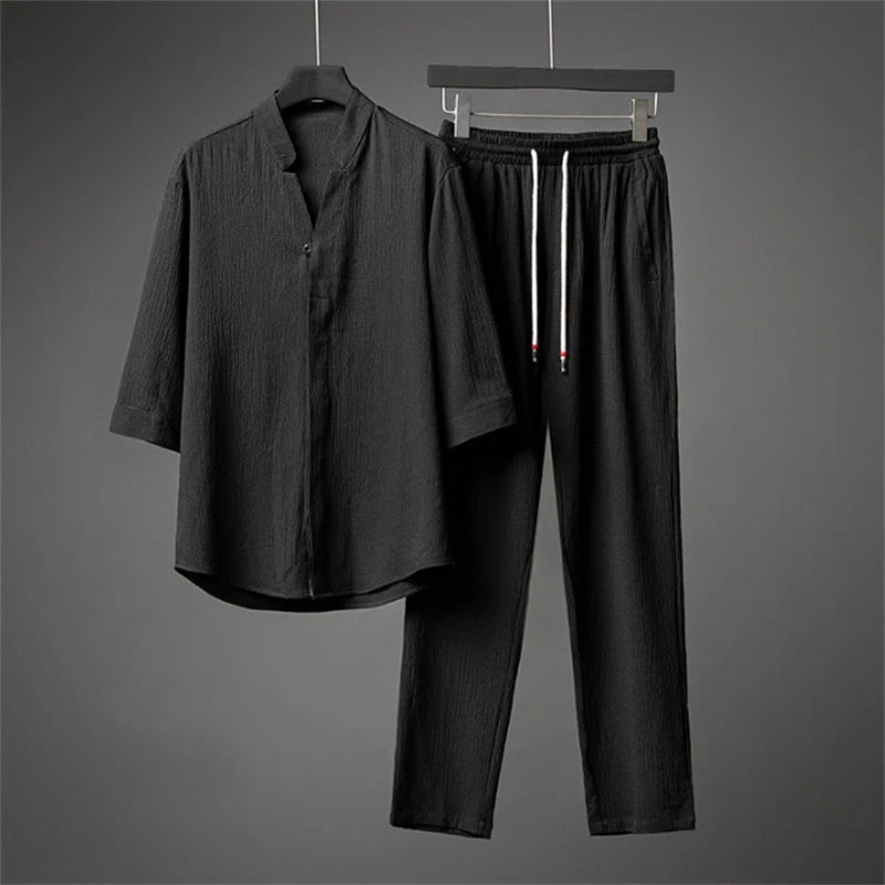 Ice Silk Linen Men's Set Spring Summer 2023 Loose Pullover Tops and Elastic Waist Trousers Sport Suits Men Two Piece Sets