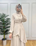 Muslim Two Piece Women Modest Set Top Lace Up Wide Leg Pants Suit Ramadan Morocco Dubai Islam Casual Ensemble Arabic Outfits - Aurex