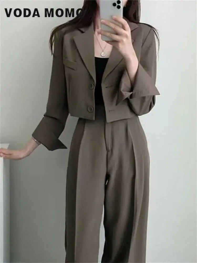 Spring Korean Casual Elegant Suits Blazer Jacket Wide Leg Trousers High Waist Pants Suits Female 2 Piece Sets Crop Top Coats - Aurex