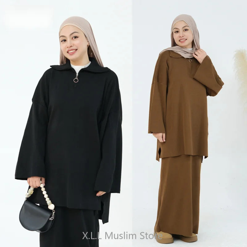 2Pc Set Fashion Modest Turkish Tracksuits For Women Gifts Muslim Clothing High Quality With Skirts Islamic Women Robe Clothes - Aurex