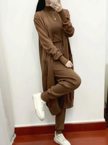 Winter Women Knitted 3 Pieces Set Casual Thicken Long Coat Dress Sweater Coat +top + Pant 3PCS Suits Warm Set Abaya 2024 - Aurex