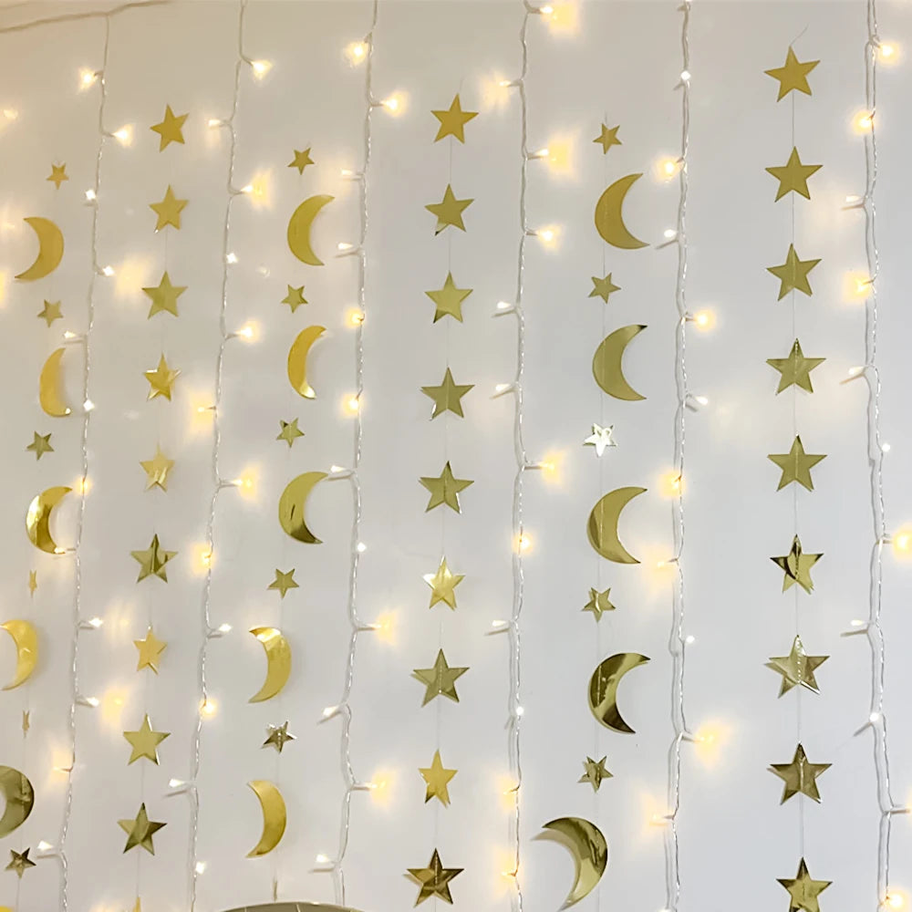 Gold Star Moon Circle Garland Party Decorations Eid Mubarak Decor Banner Islamic Muslim Festival Event Party Ramadan Kareem