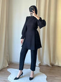 2 Piece Set for Muslim Women Long Sleeve Lace Up Tops and Pants Sets Turkey Abaya Islamic Solid Outfits Arab Kaftan Tracksuit - Aurex