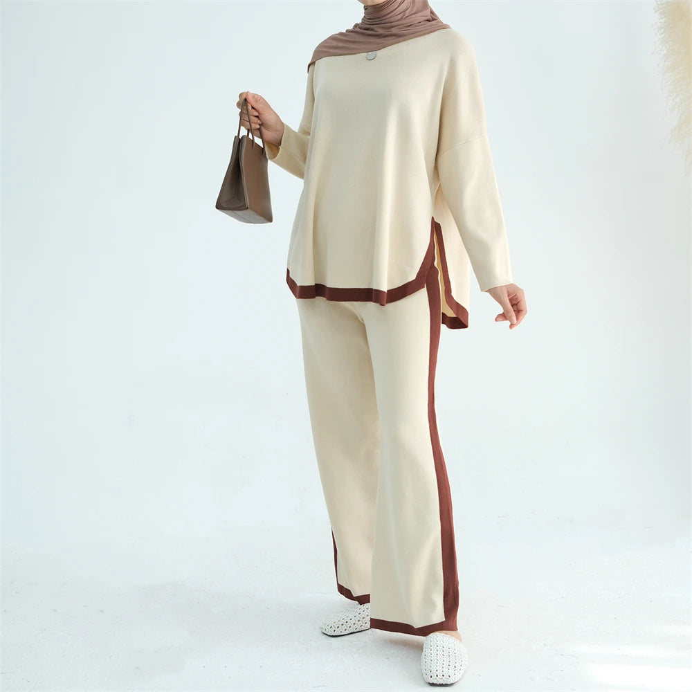 Ramadan Knitted Sweater Plain 2 Piece Abaya Set Tops Pant Modest Muslim Set For Women Islam Caftan Robe Femme Musulmane Kaftan - Aurex