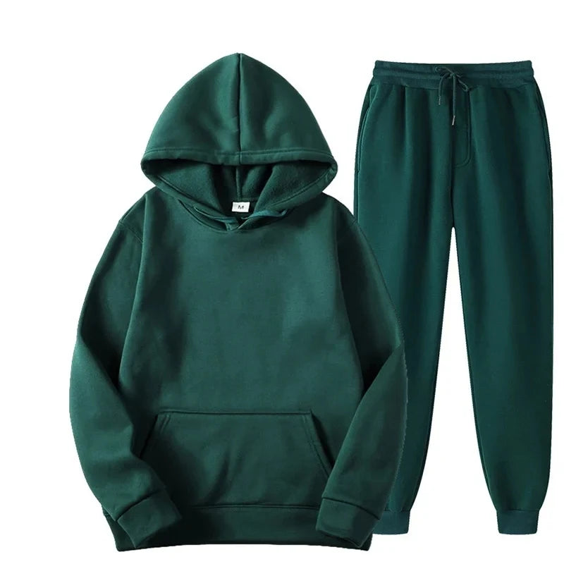 New Men Women Tracksuit Hoodies Casual Solid Color Thick Pullover and Long Pant 2-piece Set Men Autumn Fleece Jogger Sports Suit - Aurex