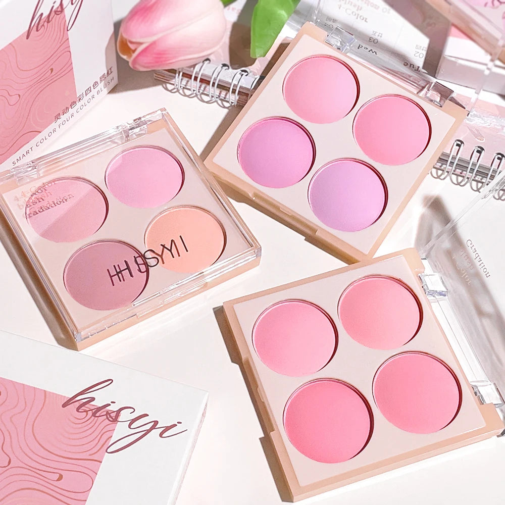 HISYI Smart color four-color blush, natural easy to smudge, matte coloring, nude makeup, natural brightening and repairing blush