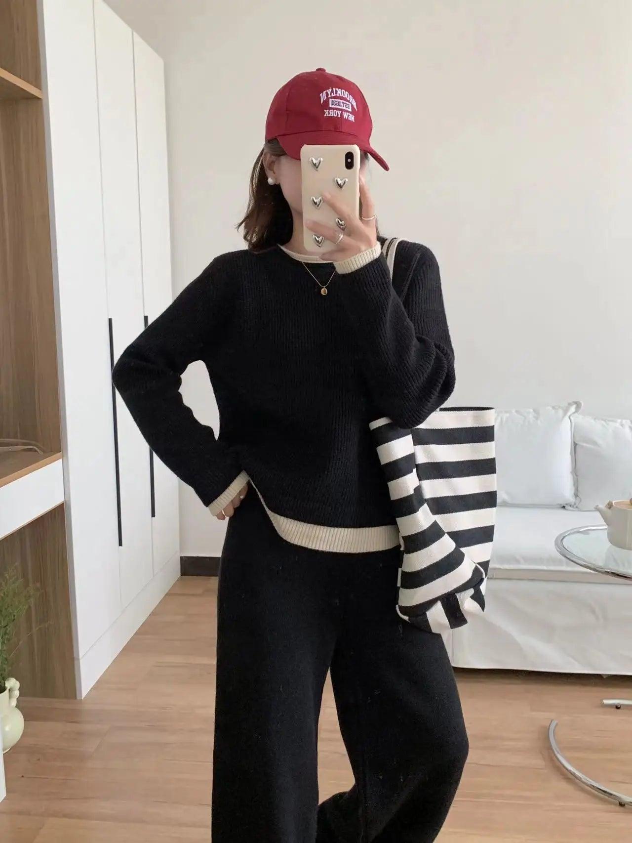 Knitted Two-Piece Pullover Sweater & Wide-Leg Pants Set – Modest Casual Knitwear Tracksuit - Aurex