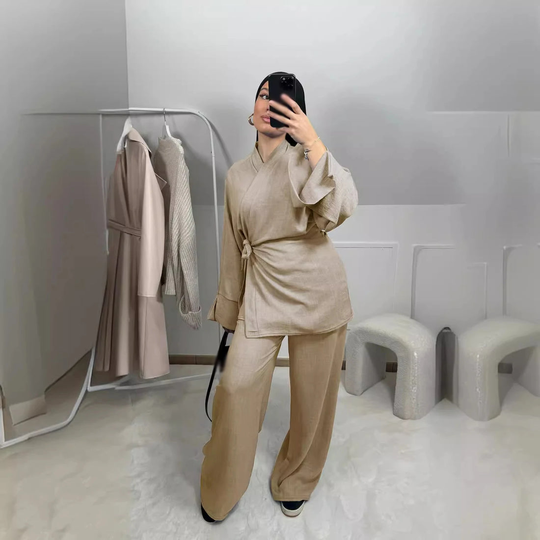 Matching Set Cotton Linen Lace Up Shirts Trouser Muslim Women Top Long Pants Suit Modest Female Soft 2 Pieces Islamic Outfits - Aurex