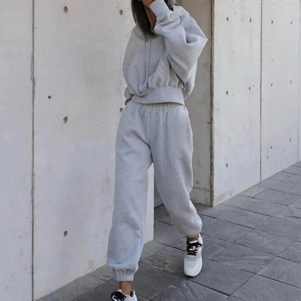 Trendy Spring Hoodie Pants Set Hat Women Winter Tracksuit Elastic Waist Big Pocket Spring Hoodie Pants Set Keep Warm - Aurex