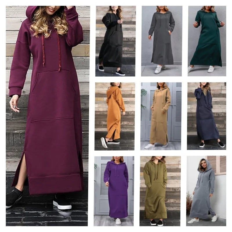 Women Eid Muslim Dresses Hooded Big Pocket Arab Dubai Hoodies Dress Knitting Morocco Abayas Kaftan Solid Color Loose Modest