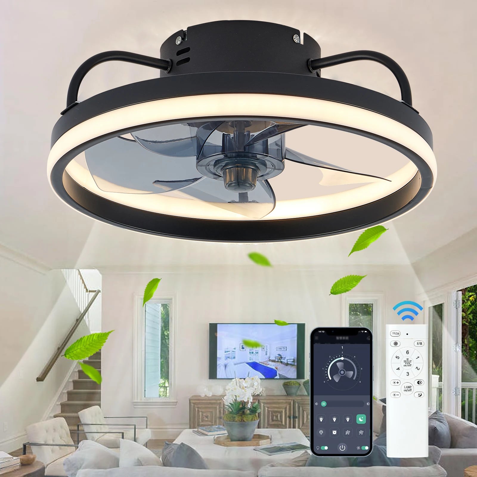 LED ceiling fan light DC motor with light power 55W bedroom decoration ventilation fan ligh90V~265V invisible blade mute - Aurex