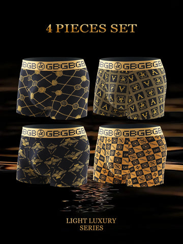 4pcs/multi-style men's underwear, black and gold printed boxer briefs, trendy personality briefs men's comfortable boxers