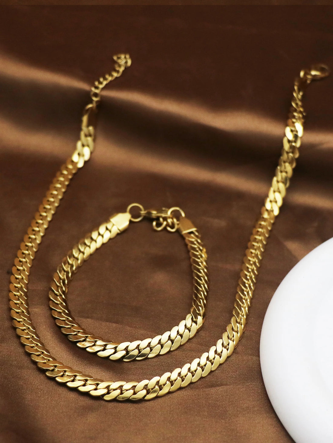 1Set/2pcs 8mm Width Stainless Steel Gold Color Geometric Chain Necklace Bracelets For Women Girl New Fashion  Jewelry Set