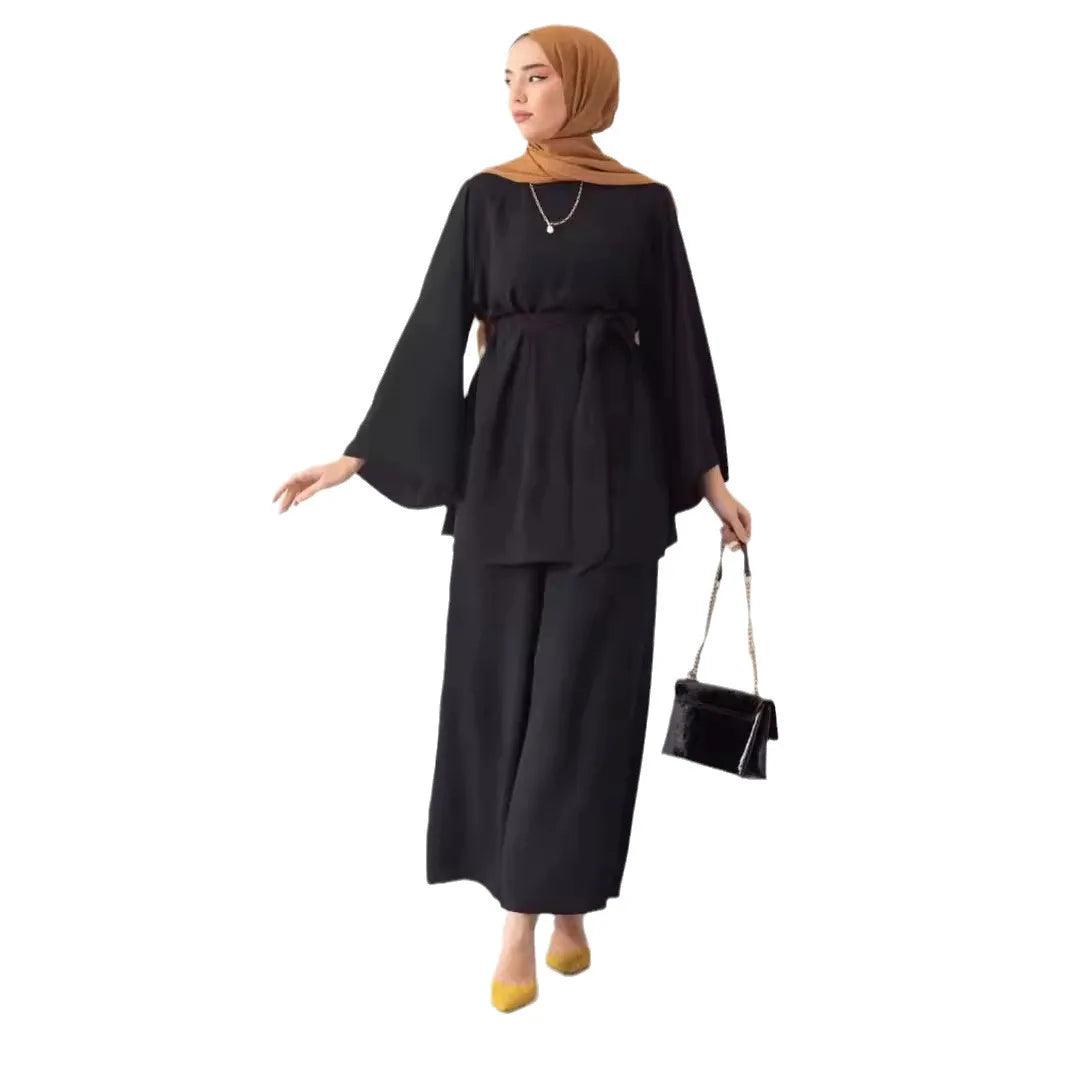 Eid Muslim Two Piece Set Islam Women Lace Up Shirt Wide Leg Pants Suits Ramadan Turkey Outfits Modest Morocco Abayas Ensembles - Aurex