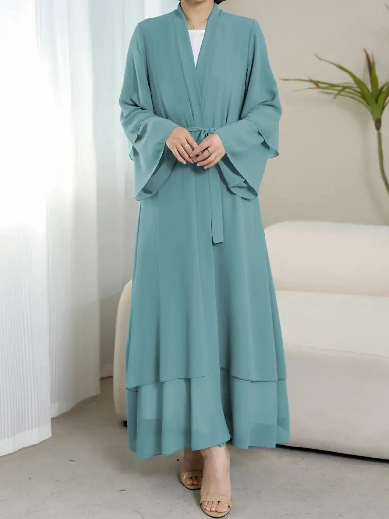 Solid Color Tie Waist Modest Dress, Elegant Layered Hem Maxi Length Dress With Hijab, Women's Clothing - Aurex