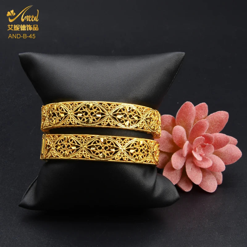 Dubai Gold Color Bangles For Women Gold Plated Indian African Hard Bracelets Charm Wedding Ethiopian Arabic Hand Jewelry Luxury