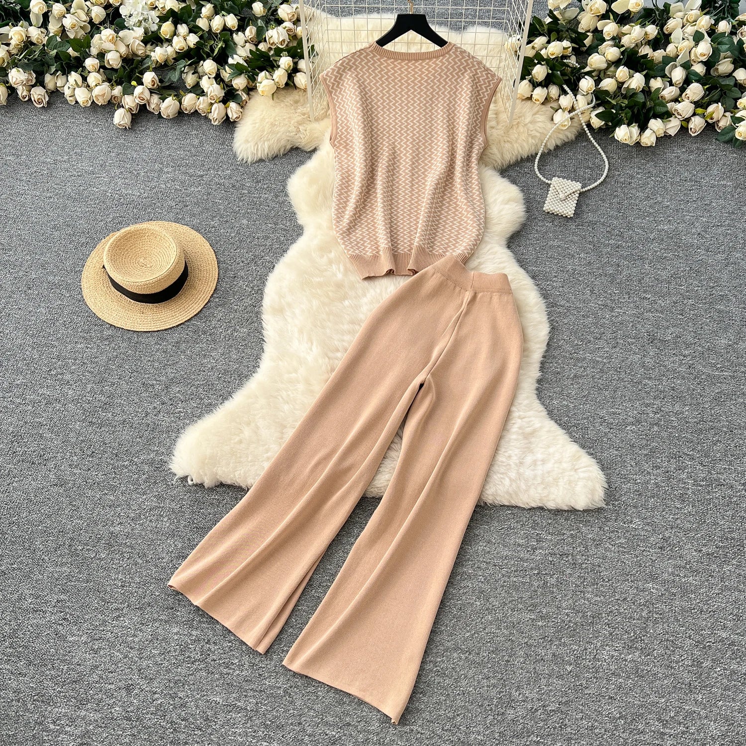 SINGREINY Korean Fashion Summer Sets O Neck Sleeveless Stripe Knitting Tops+Elastic Waist Basic Long Pants Casual Female Suits - Aurex