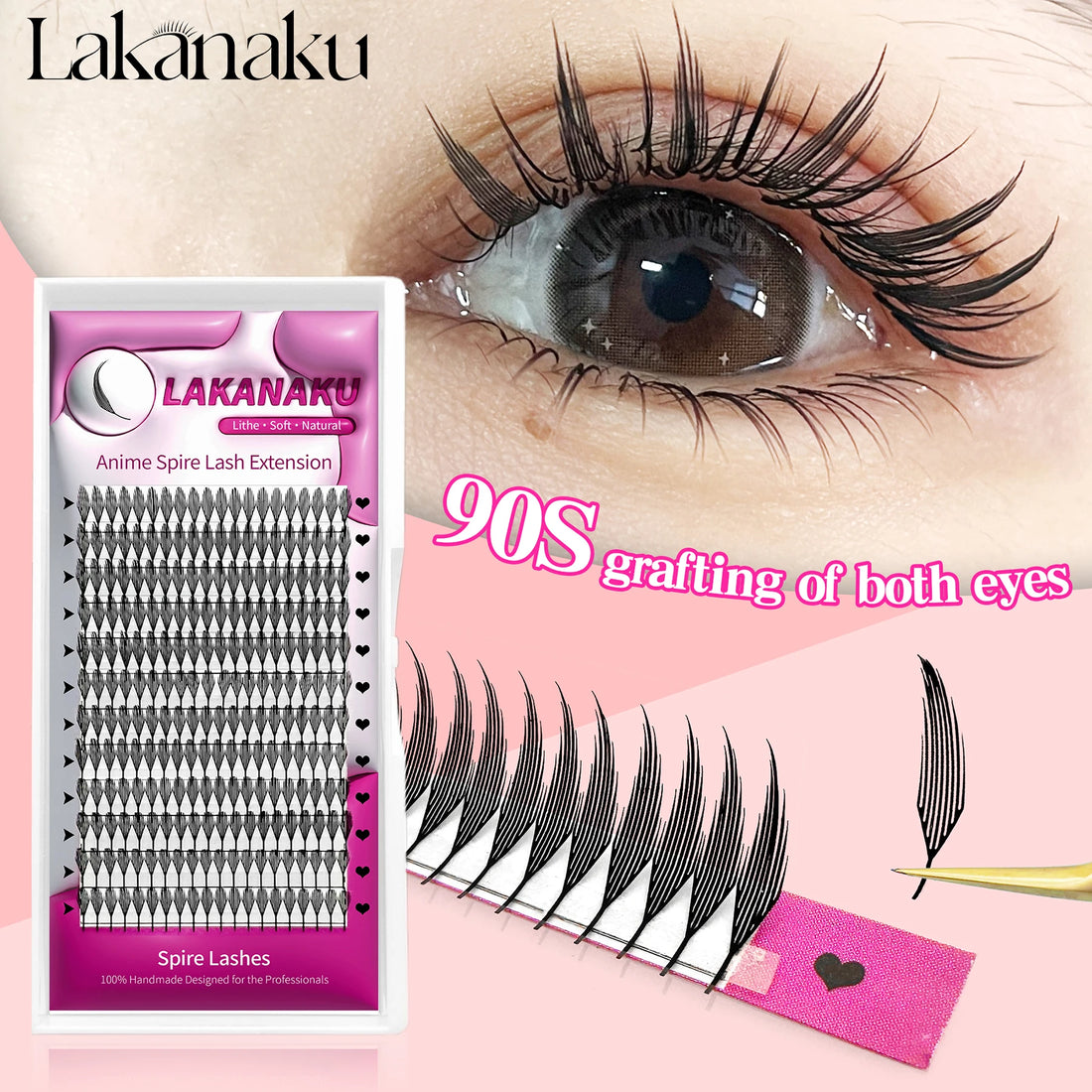 LAKANAKU Cashmere Feather Individual Eyelash Extensions C CC D Curl Comic Spire Premium Mink Lashes Extensions