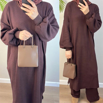 Autumn Casual Knitted 2 Piece Set Womens Outfits Matching Muslim Set Long Sleeve Dress Wide Leg Pants Suit Tracksuit Turkey Robe - Aurex