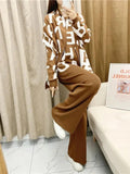 Women Knitting Three Piece Set Letter Print Pullover Sweater Scarf Wide Leg Pants Suit Morocco Ensemble Muslim Knit Tracksuit - Aurex