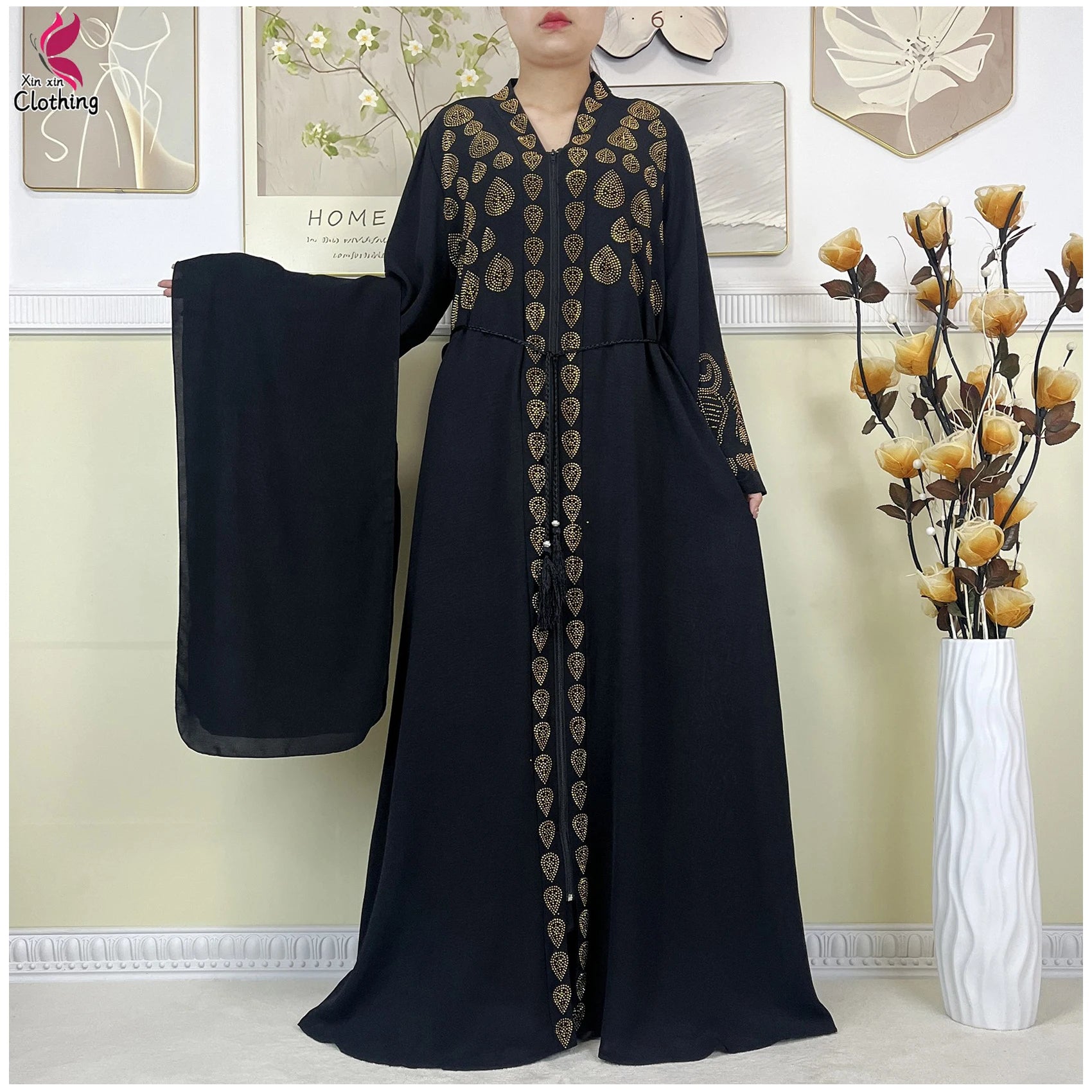 New Style Women Muslim Dress Chiffon Open Abaya 2024 Dubai Women Elegant Dress Islamic Clothing Zipper Cardigan Abaya With Scarf